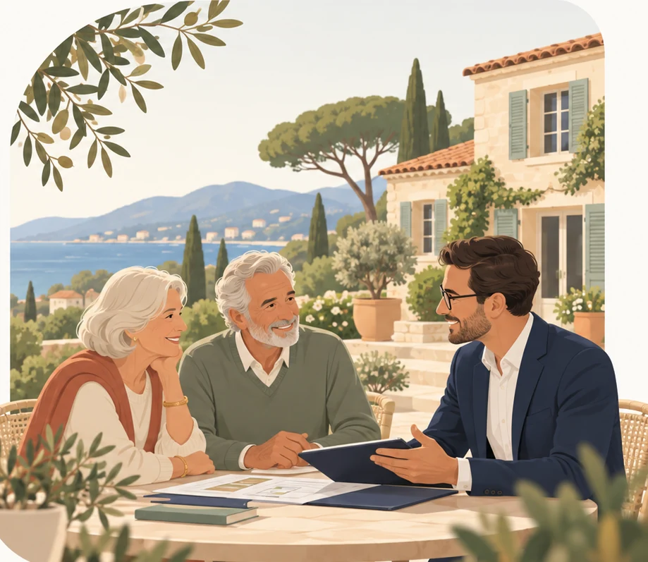 Illustration d’un couple de propriétaires échangeant sur leur projet de vente avec un conseiller, sur une terrasse provençale