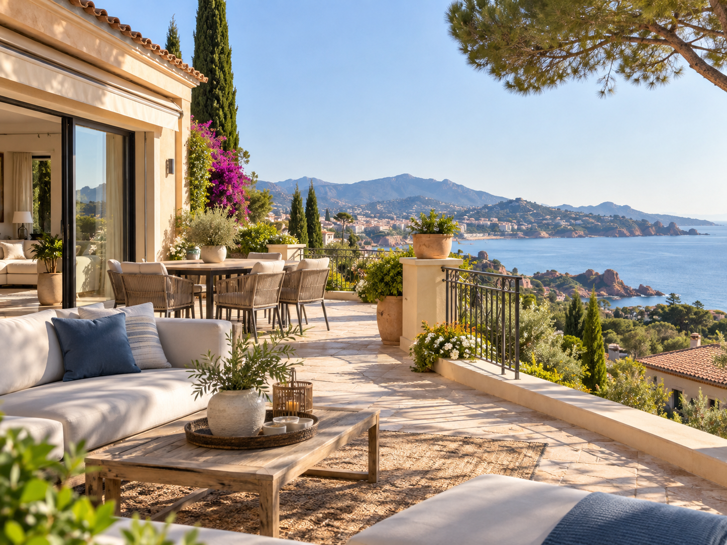 Illustration d’une terrasse de villa méditerranéenne avec vue sur la mer, pour une vente à terme à Fréjus ou Saint-Raphaël.