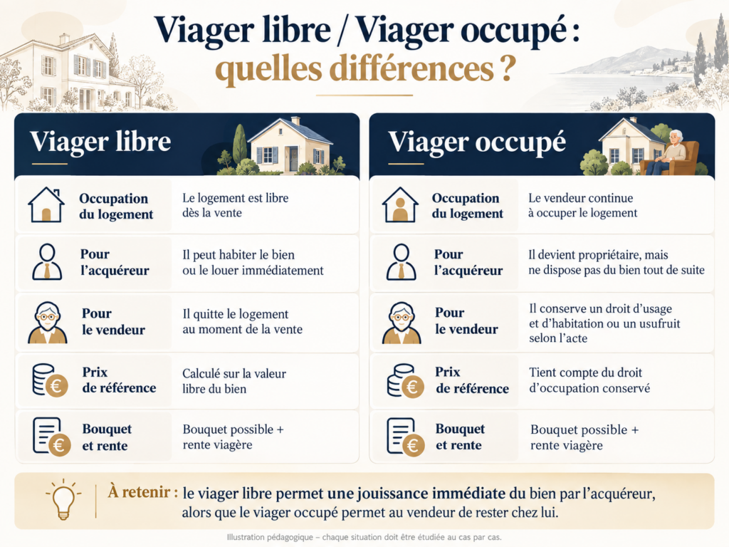 Schéma comparatif entre viager libre et viager occupé expliquant les principales différences de jouissance du bien et de fonctionnement.