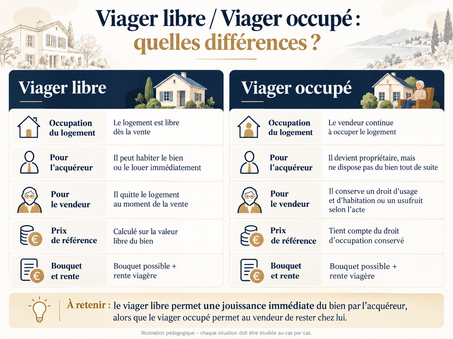 Schéma comparatif entre viager libre et viager occupé expliquant les principales différences de jouissance du bien et de fonctionnement.