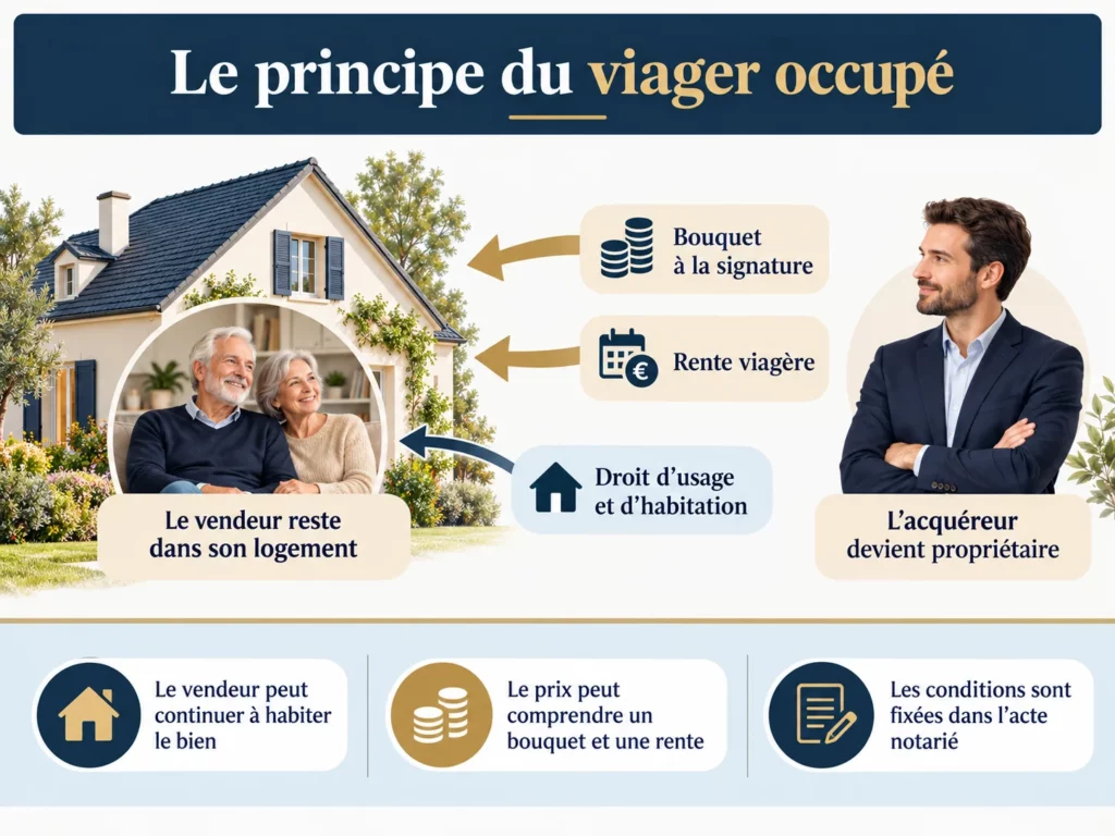 Schéma du viager occupé : le vendeur reste dans son logement, l’acquéreur devient propriétaire et verse un bouquet et une rente selon les conditions prévues.